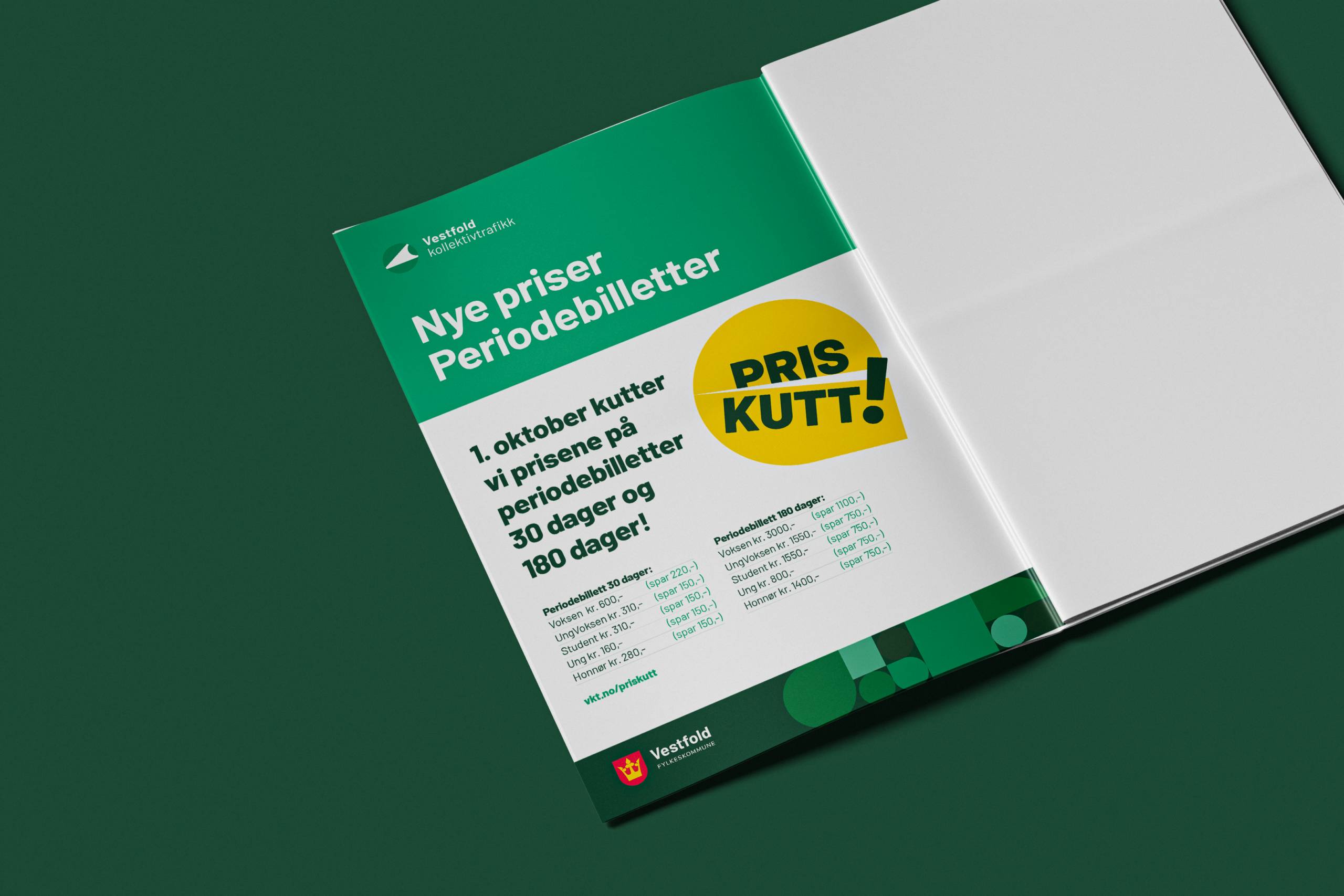 Green and white brochure page announcing new prices and period tickets, with a large yellow price badge reading 